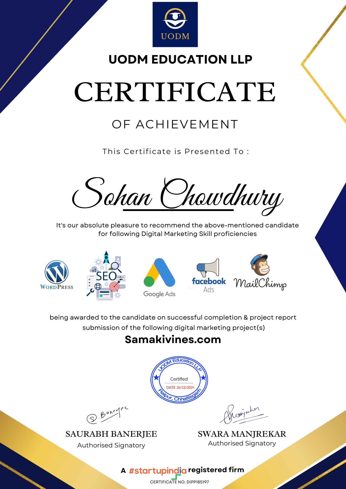 Certificate to student by UODM
